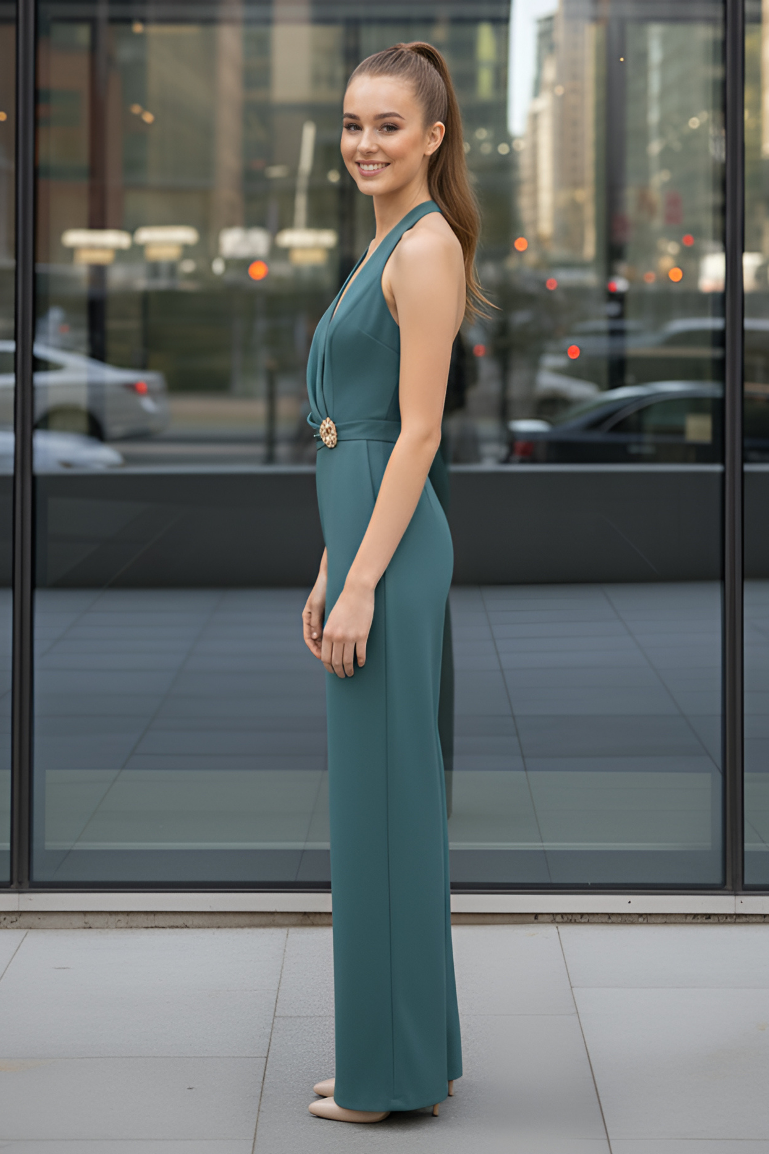 Sea-Green Halter Jumpsuit – Gold Brooch